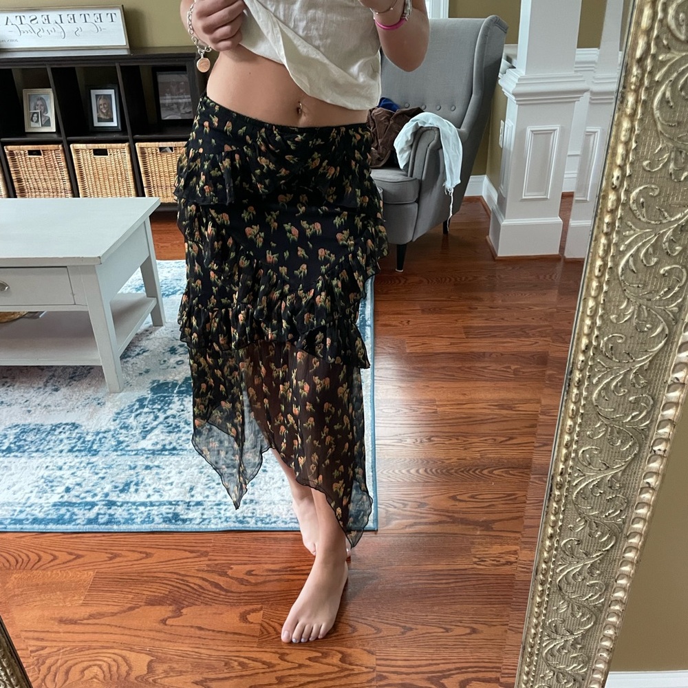 Black printed urban outfitters midi skirt